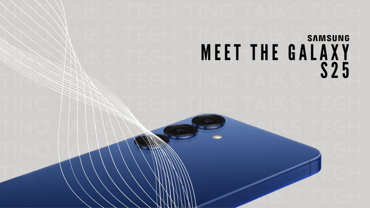 The image shows a promotional banner for the Samsung Galaxy S25. It features a close-up of the phone’s rear camera setup, showcasing a sleek blue finish. The background includes curved white lines for a modern design and the text "Meet the Galaxy S25" in bold, emphasizing the phone's introduction. The words "Tino Talks Tech" appear subtly in the background.